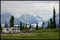 RV, tent, with glacier and mountains in background. Alaska, USA