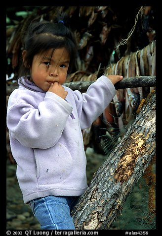 Inupiaq Eskimo girl near drying fish, Ambler. North Western Alaska, USA (color)