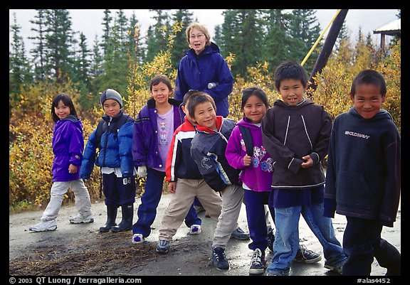 Inupiaq Eskimo kids and teacher, Kiana. North Western Alaska, USA (color)