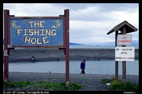 Fishing Hole signs. Homer, Alaska, USA (color)