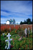 Russian orthodox cemetery and old Russian church. Ninilchik, Alaska, USA ( color)