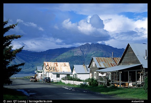Village main street and Turnaigan Arm. Hope,  Alaska, USA (color)
