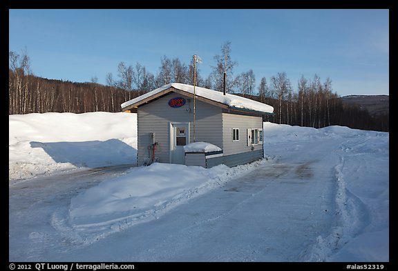 Drive-in coffee shop in isolated winter landscape. Alaska, USA