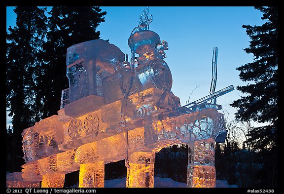 Illuminated locomotive ice sculpture, World Ice Art Championships. Fairbanks, Alaska, USA