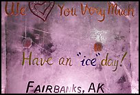 Welcome sign in ice, George Horner Ice Park. Fairbanks, Alaska, USA (color)
