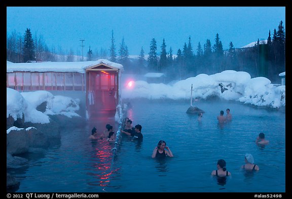 Popular outdoor hot springs, winter twilight. Chena Hot Springs, Alaska, USA (color)