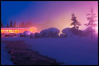 Stream, steam, and bathhouse at night. Chena Hot Springs, Alaska, USA ( color)