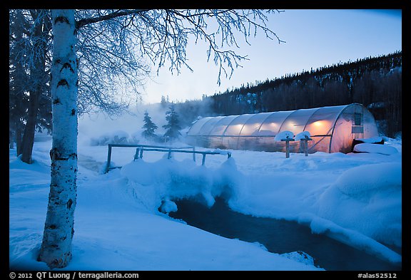Stream and greenhouse at dawn. Chena Hot Springs, Alaska, USA