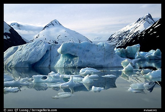 Portage Lake, with icebergs and mountain reflections. Alaska, USA (color)