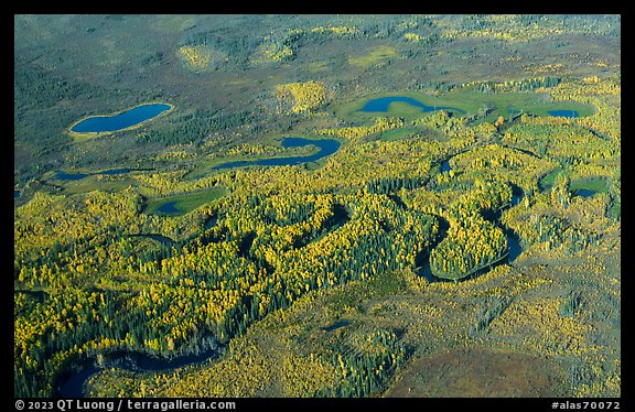 Aerial view of meandering river in autumn. Alaska, USA (color)