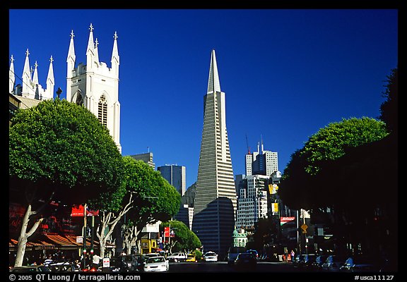 Cathedral and Transamerica Pyramid, North Beach, afternoon. San Francisco, California, USA (color)