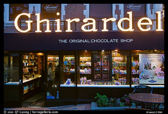 Ghirardelli chocolate store at dusk, Ghirardelli Square. San Francisco, California, USA (color)