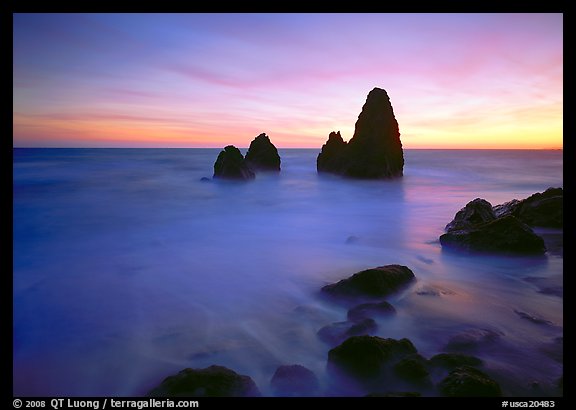 Seastacks and rocks, sunset, Rodeo Beach. California, USA (color)