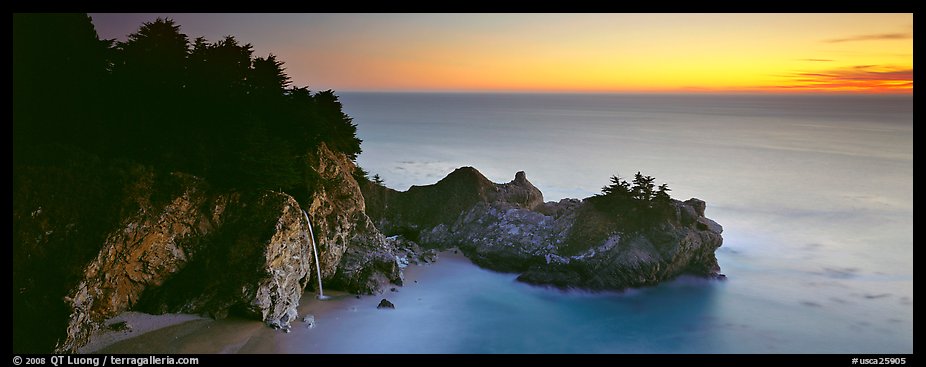 Seascape at sunset with coastal waterfall. Big Sur, California, USA