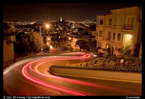 Light trails on the crooked section of Lombard Street at night. San Francisco, California, USA (color)
