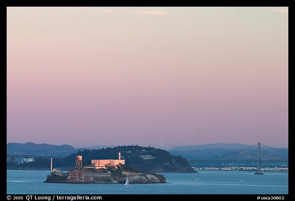 Alcatraz Island,  Yerba Buena Island, and Bay Bridge, sunset. San Francisco, California, USA