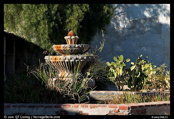 Fountain and cacti, Mission San Miguel Arcangel. California, USA (color)