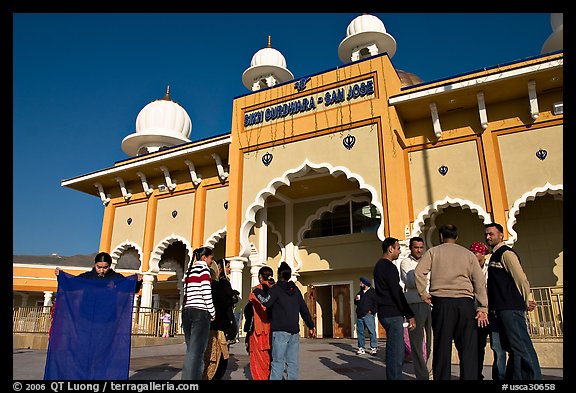 Indian immigrants gathering in fron of the Sikh Gurdwara Temple. San Jose, California, USA