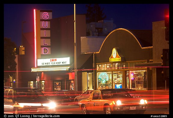 El Camino Real at night, with movie theater and Menlo Clock Works. Menlo Park,  California, USA