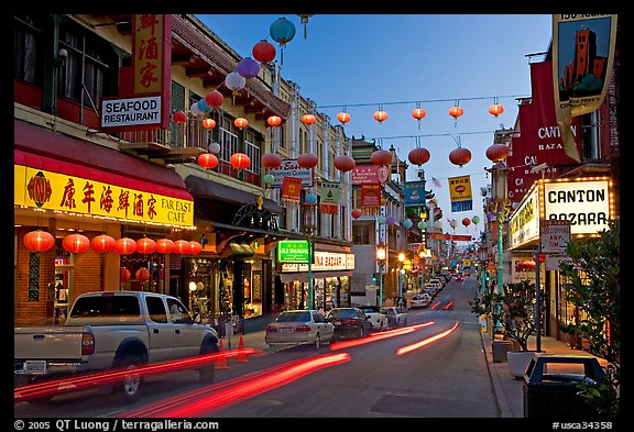 Lanterns and lights on Grant Street at dusk, Chinatown. San Francisco, California, USA (color)