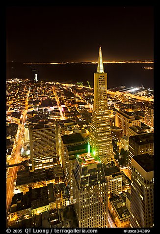 Transamerica Pyramid and Coit Tower, aerial view at night. San Francisco, California, USA