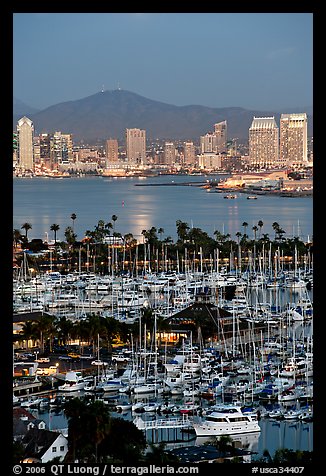 Marina, Shelter Island,  and skyline at dusk. San Diego, California, USA (color)