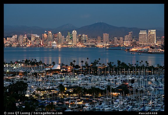 Marina and skyline at night. San Diego, California, USA