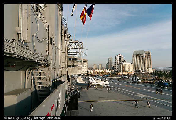 Flight deck and San Diego skyline seen from the USS Midway. San Diego, California, USA (color)