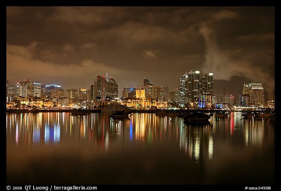 San Diego skyline from Harbor Drive, nite. San Diego, California, USA