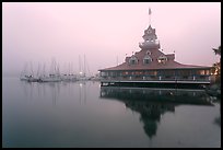 Boathouse and harbor in fog, sunrise, Coronado. San Diego, California, USA