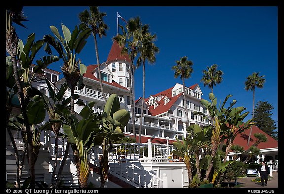 Del Coronado hotel framed by palm trees. San Diego, California, USA