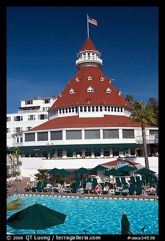 Swimming pool and tower,  Del Coronado hotel. San Diego, California, USA (color)