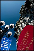Gaslamp, signs, and facade of the Louis Bank of Commerce, Gaslamp quarter. San Diego, California, USA (color)
