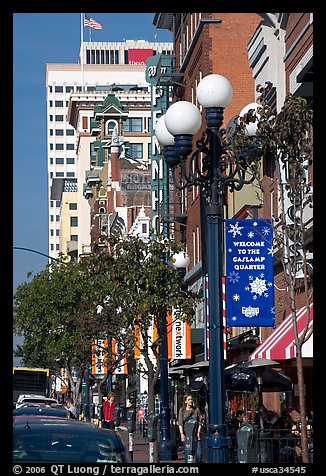 Gaslamp and street in the Gaslamp quarter. San Diego, California, USA