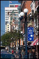 Gaslamp and street in the Gaslamp quarter. San Diego, California, USA