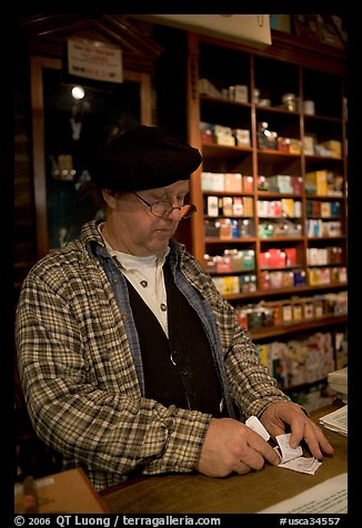 Clerk in Tobacco shop, Old Town. San Diego, California, USA (color)