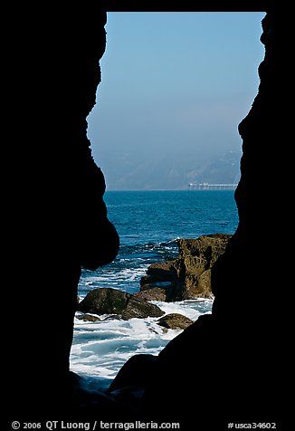 View through a seacave at the Cove. La Jolla, San Diego, California, USA