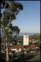 Eucalyptus and church in mission style. Laguna Beach, Orange County, California, USA