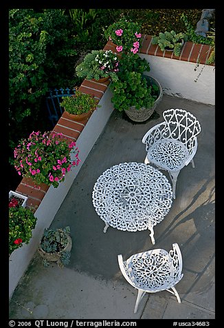 Garden chairs and table seen from above. Laguna Beach, Orange County, California, USA