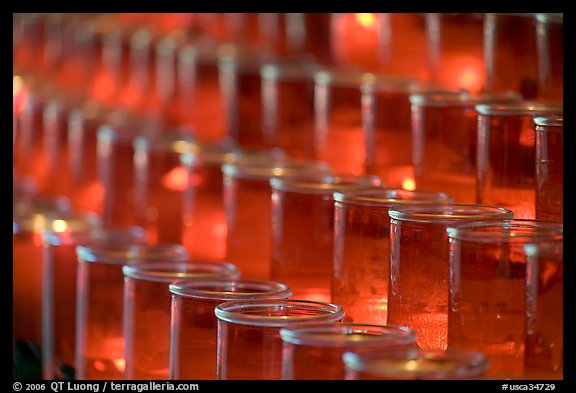 Rows of candles, narrow depth of field. San Juan Capistrano, Orange County, California, USA