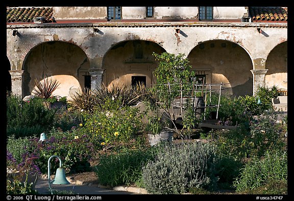 Garden in the entrance courtyard. San Juan Capistrano, Orange County, California, USA (color)