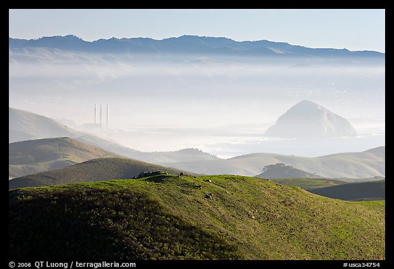 Power plant and Morro Rock seen from hills. Morro Bay, USA