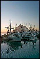 Fishing boats and Morro Rock, sunset. Morro Bay, USA ( color)