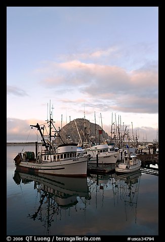 Fishing fleet and Morro Rock, sunrise. Morro Bay, USA (color)