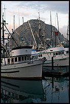 Fishing boats and Morro Rock, sunrise. Morro Bay, USA (color)