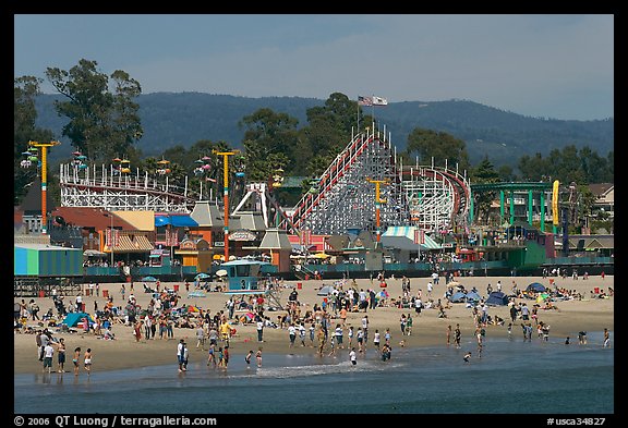 Beach and boardwalk in summer, afternoon. Santa Cruz, California, USA (color)