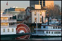 Riverboats Delta King and Spirit of Sacramento, modern and old buildings. Sacramento, California, USA (color)