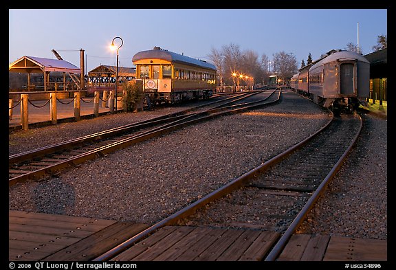 Railroad tracks and cars, Old Sacramento. Sacramento, California, USA (color)