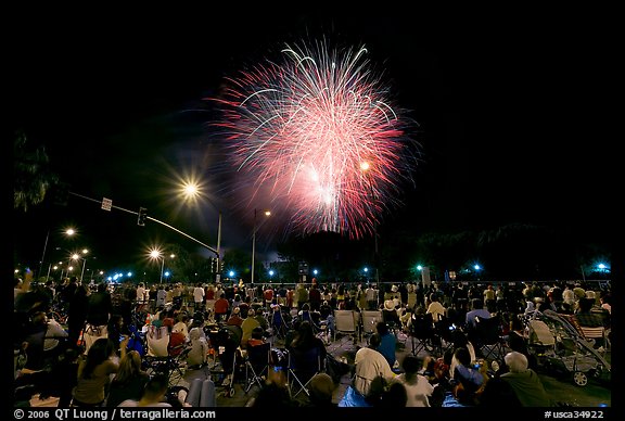 Crowds watching fireworks, Independence Day. San Jose, California, USA (color)