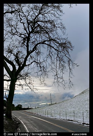 Mount Hamilton road winding on fresh snow covered hills. San Jose, California, USA (color)